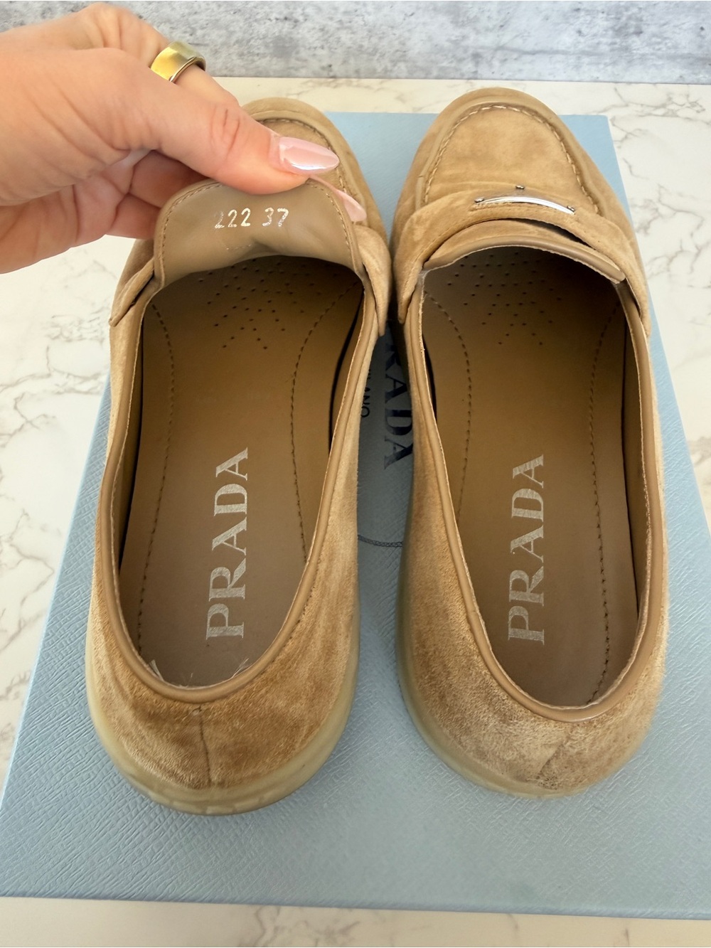 Prada Women’s Beige Suede Penny Loafers with Silver Logo - Picture 4 of 4